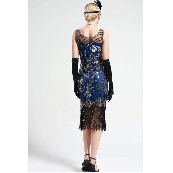 Peacock Sequin Fringed Party Flapper Dress BLUE - Picture 3 of 7